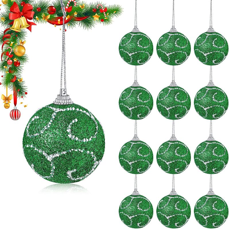 Photo 1 of 12 Pcs 2.36 Inch Christmas Balls Ornaments Glitter Decoration (Green)
