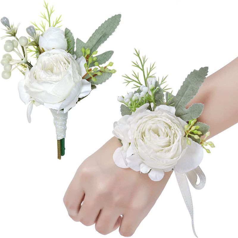 Photo 1 of  Ivory Corsage and Men Boutonniere Set for Wedding White Corsages Wristlet Band Bracelet - FATCORY SEALED / UNOPENED