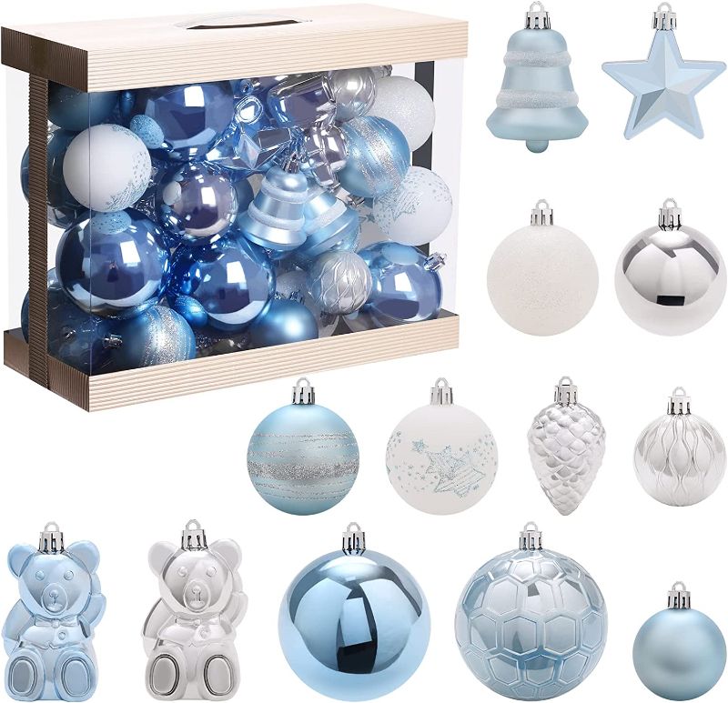 Photo 1 of  Super Bang Christmas Ornaments Set, 50PCS Shatterproof Christmas Hanging Ornaments  Decor-Baby Blue.
