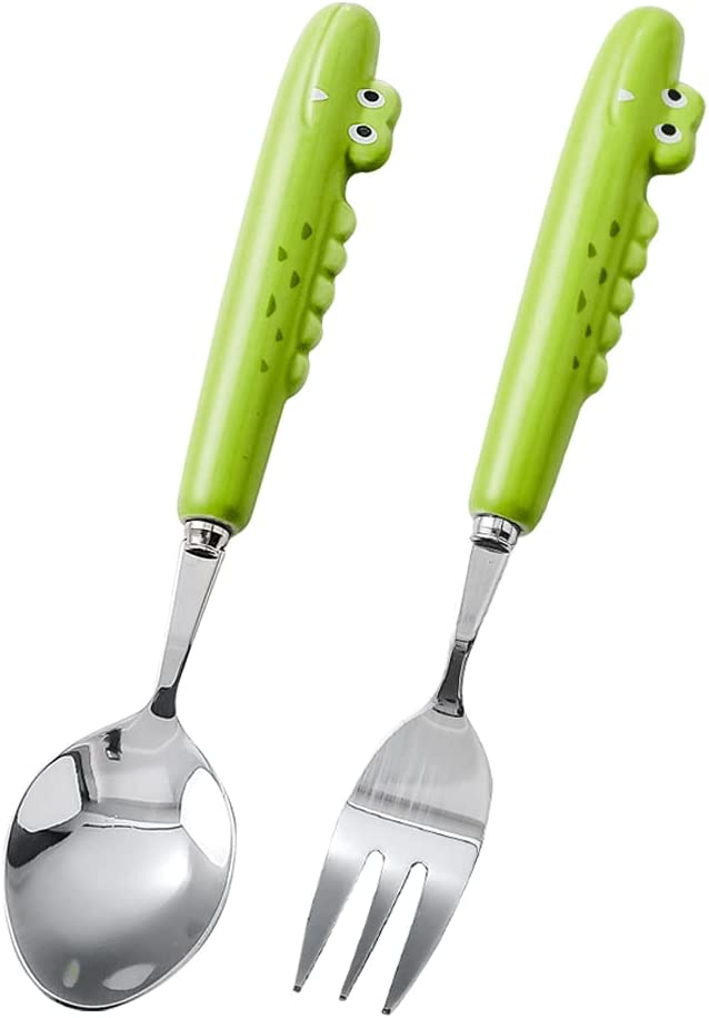 Photo 1 of  6.5 inches Crocodile Ceramic Stainless Steel Cutlery Spoon and Fork, Kitchen Utensil flatware Set (2 Pieces, Green)
