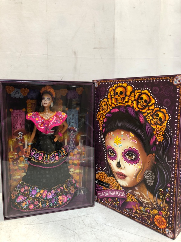 Photo 2 of Barbie 2021 Dia De Muertos Doll (11.5-in) Wearing Traditional Embroidered Dress, Flower Crown & Calavera Face Paint, Gift for Collectors