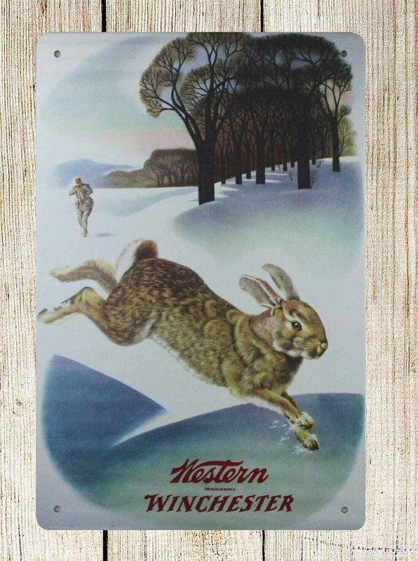 Photo 1 of  Vintage Metal Sign Western Winchester Rabbit Hunting Poster Retro Tin Sign 8x12 Inch -  SEALED / UNOPENED 
