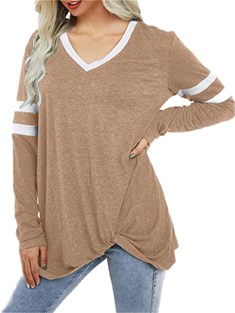 Photo 1 of  Womens Long Sleeve Cotton Blouse Casual Loose V Neck Twist Knot Tops Shirts
