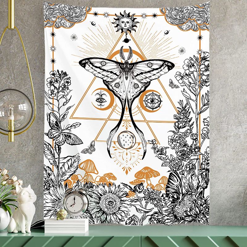 Photo 1 of  Moth Tapestry Floral Mushroom Sun Moon Butterfly Black White Moon Phase Tapestry  40W X 60H 
