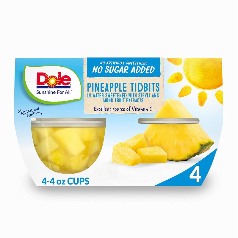 Photo 1 of  Dole Fruit Bowls Pineapple Tidbits, No Sugar Added, Gluten Free Healthy Snack, 4 Oz, 12 Total Cups  BB 1/2023