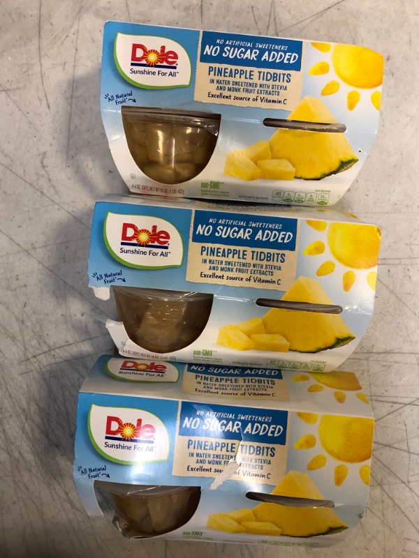 Photo 2 of  Dole Fruit Bowls Pineapple Tidbits, No Sugar Added, Gluten Free Healthy Snack, 4 Oz, 12 Total Cups  BB 1/2023
