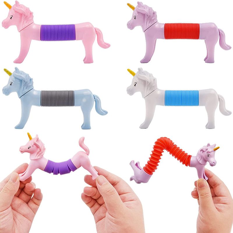 Photo 1 of  4 Pack Unicorn Pop Tube Sensory Stretch Toys 
