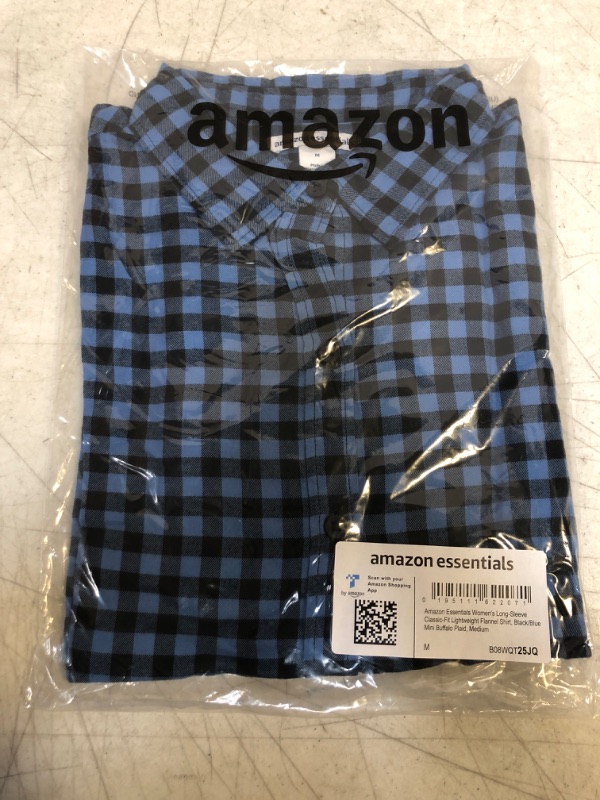Photo 2 of Amazon Essentials Women's Classic-Fit Long-Sleeve Lightweight Plaid Flannel Shirt Medium Black/Blue, Mini Buffalo Plaid, SIZE M 