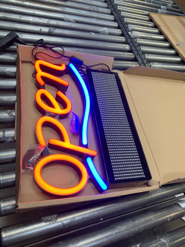 Photo 1 of MaxLit 21'' x 16'' Open Business Sign with Programmable Scrolling Message Display (Red, 21'' x 16'') --- Box Packaging Damaged, Moderate Use, Scratches and Scuffs on Plastic, Welcome LED Part of Sign Does Not Turn on
