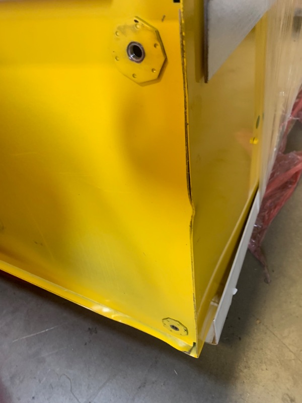Photo 6 of Justrite 893020 Sure-Grip EX Flammable Safety Cabinet, 2 Door, Self Closing, Dimensions (H x W x D): 44 x 43 x 18 inch (1118 x 1092 x 457 mm); 30 gal. (114L) Yellow --- No Box Packaging, Item is New, Very Minor Dings to Metal Edges, Corners from Shipping 