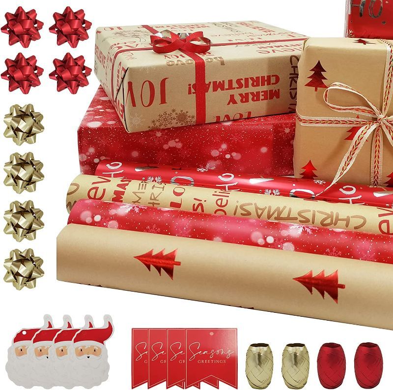 Photo 1 of 2 Pack Bundle - Wrapping Paper, 4 Rolls of Red Christmas Birthday Wrapping Paper. Includes Christmas Tree, Snowflake, Merry Christmas, HO HO HO Elements. Includes Decorative Flowers, Ribbons, Labels. Each Roll of Gift Wrap Paper ,Measures 27.5 In X 13 ft
