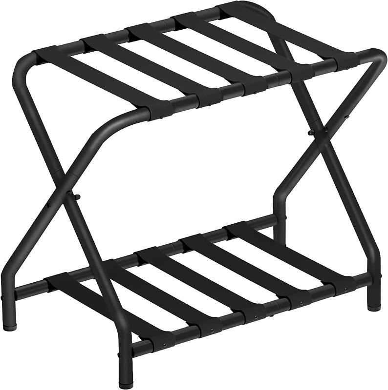 Photo 1 of 2 Pack of HOOBRO Folding Luggage Rack, Double Tiers Suitcase Stand for Guest Room, 27 x 15.3 x 22 Inches, Metal Luggage Holder with Shoe Shelf, Space Saving, Bedroom, Hotel, Black --- Box Packaging Damaged, Item is New
