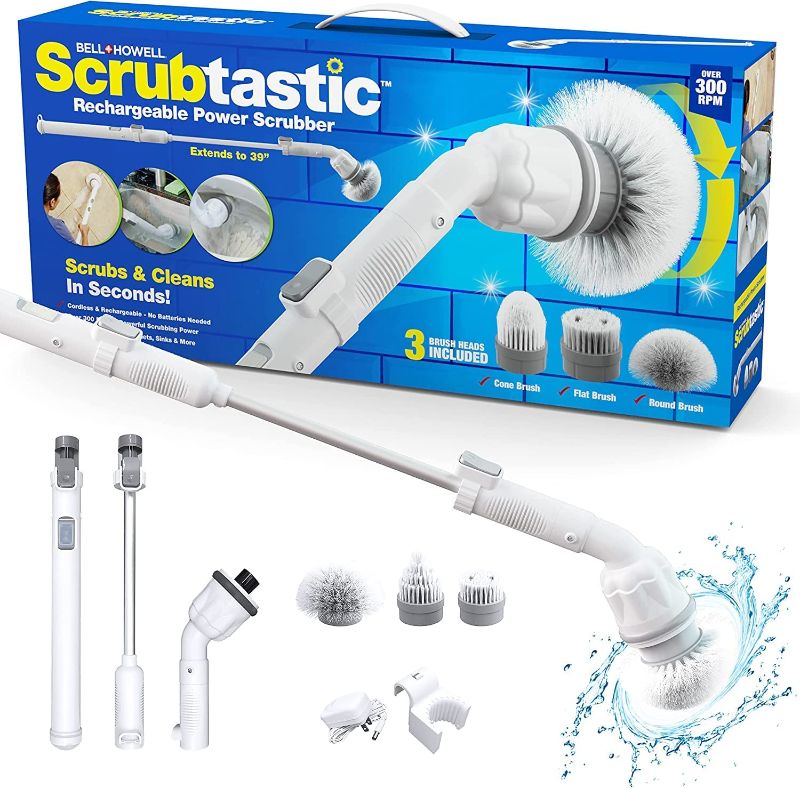 Photo 1 of Scrubtastic Spin Scrubber, Electric Shower Scrubber – Rechargeable, Multipurpose Extendable Tile Cleaner, Bathroom, Floor & Grout Bathtub Power Scrubber with 3 Rotating Brush Heads, Improved for 2022 --- Box Packaging Damaged, Moderate Use, Scratches and 