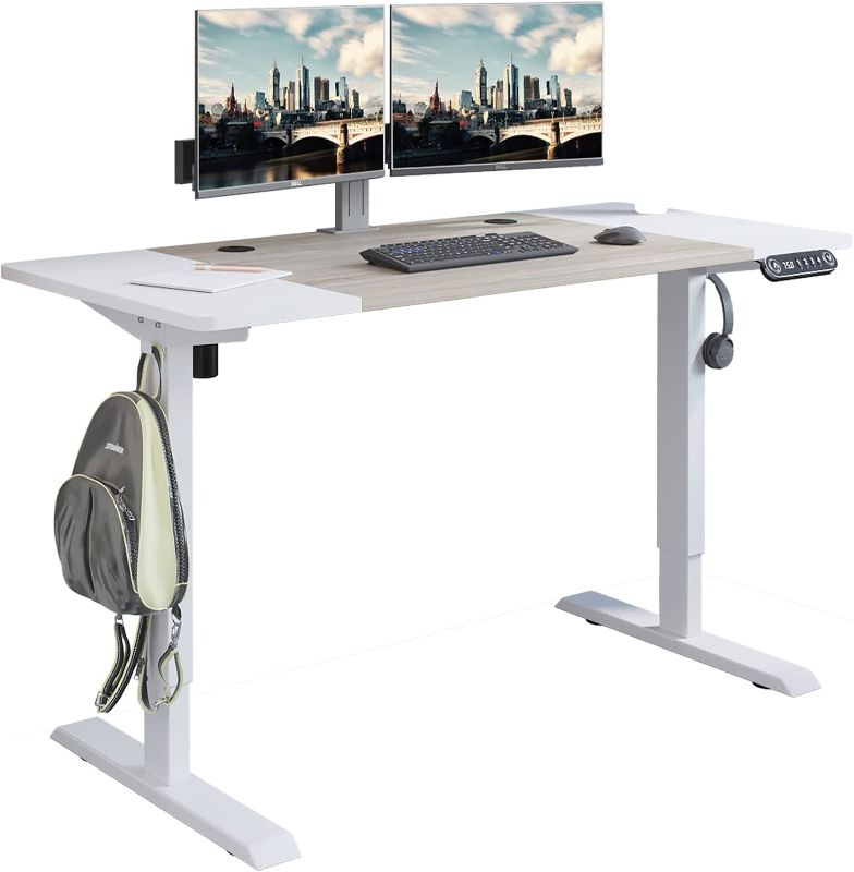 Photo 1 of Radlove Electric Height Adjustable Standing Desk, 55 x 24 Inches Stand Up Desk Workstation, Splice Board Home Office Computer Standing Table Ergonomic Desk (White Frame + 55" White+Maple Top) --- Box Packaging Damaged, Item is New

