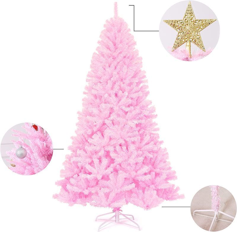 Photo 1 of 6ft Artificial Christmas Tree Lifelike Christmas Tree with Decorations and Solid Metal Stand arbol de Navidad Premium Hinged Spruce Full Tree (Pink, 6ft) --- Box Packaging Damaged, Item is New
