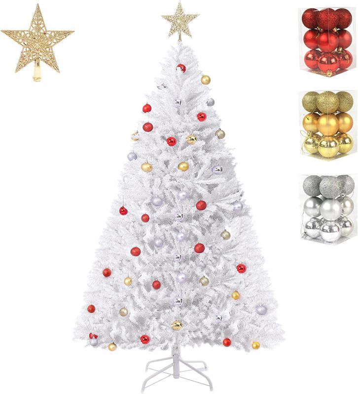 Photo 1 of 5ft Artificial Christmas Tree Lifelike Christmas Tree with Decorations and Solid Metal Stand arbol de Navidad Blanco Premium Hinged Spruce Full Tree (White-A, 5ft) --- Box Packaging Damaged, Item is New
