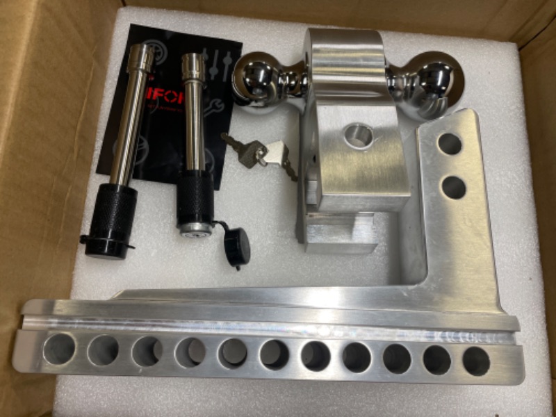 Photo 2 of Adjustable Trailer Hitch, Fit 2-Inch Receiver, 10-Inch Drop Hitch, Forged Aluminum Shank Tow Hitch, Ball Mount Hitch - 12,500 LBS GTW, 2 and 2-5/16 Inch Stainless Steel Balls with Double Locks 10 Inch Drop Hitch