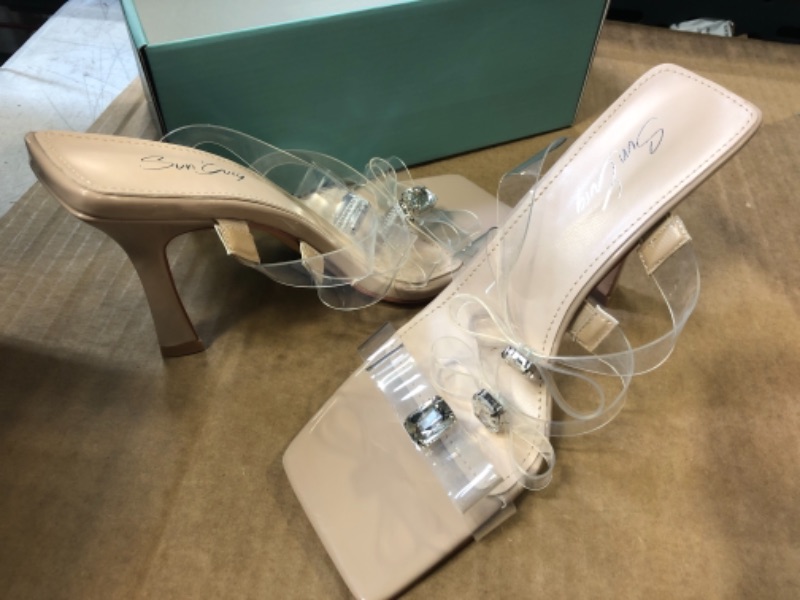 Photo 2 of 8--sun gurg Women Clear Sandals Square Toe Transparent Straps Heels Stiletto High Heeled Mules Slip On Slippers Dress Shoes 8 Nude