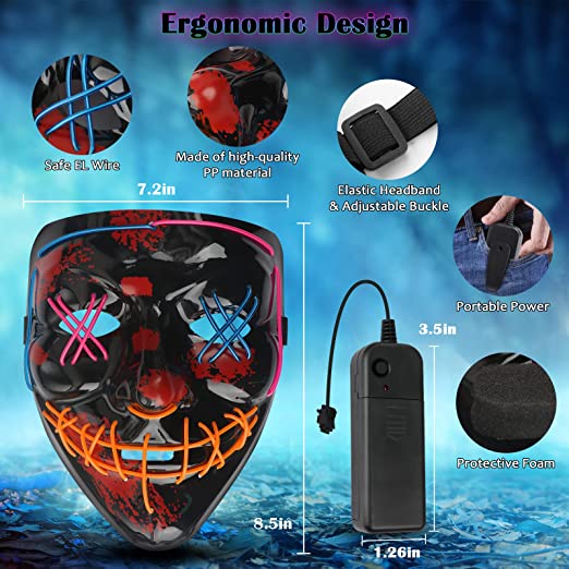 Photo 1 of 2pcs YEHUARIS 3 Color Halloween Purge Mask 2 Pack,Scary LED Light up Mask for Adult Men Women Kids,Glow Mask with 4 Lighting Mods Pink+blue+orange and Pink+blue+green