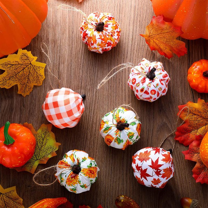 Photo 1 of 36 Pcs Pumpkin Shaped Hanging Ornaments for Fall Fabric Wrapped Autumn Tree Ornaments Farmhouse Fall Ornaments Mini Thanksgiving Ornaments for Small Tree Fall Harvest Ornaments for Home Party Decor
