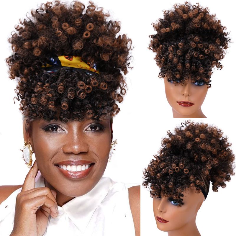 Photo 1 of Afro High Puff Hair Bun Drawstring Ponytail with Bangs for Black Women Synthetic Short Kinky Curly Pineapple Ponytail Clip in on Wrap Updo Hair Extensions for African American Women(#T30)
