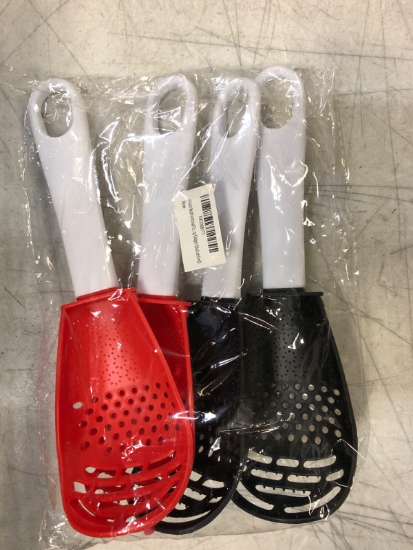 Photo 2 of 4 PCS Multifunctional Cooking Spoon, All Purpose Kitchen Tool Skimmer Scoop Colander Strainer Grater Masher, Food-Grade High Temperature Resistant Cooking Gadgets (2Red+2Black)
