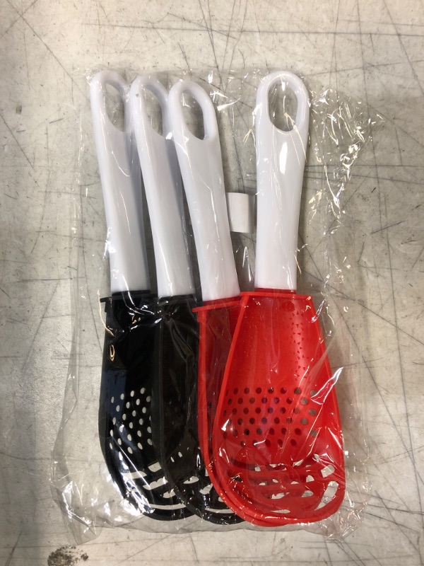 Photo 2 of 4 PCS Multifunctional Cooking Spoon, All Purpose Kitchen Tool Skimmer Scoop Colander Strainer Grater Masher, Food-Grade High Temperature Resistant Cooking Gadgets (2Red+2Black)
