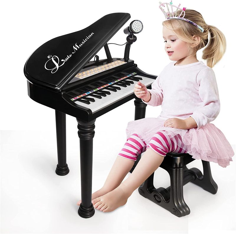 Photo 1 of Love&Mini Piano Toy Keyboard Black 31 Keys for Age 2+ Year Old Girls Boys Birthday Gifts, Kids Keyboard Toy Instruments Black Piano with Microphone and Stool
