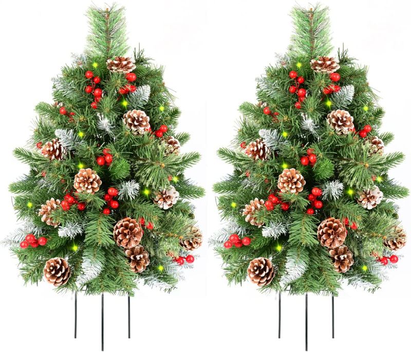 Photo 1 of 30" Christmas Tree Pathway Porch Snowy Pine Cones Christmas Trees Pre-lit 30 LED Battery Operated Timer 8 Modes Outdoor Xmas Decor for Entrance Drivew
