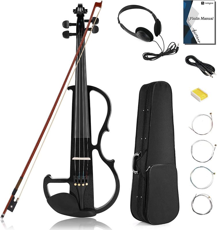 Photo 1 of Vangoa Electric Violin Full Size 4/4, Black Silent Electric Violin, Solid Wood Metallic Electric Fiddle with Ebony Fittings, Beginner Kit for Adults Teens
