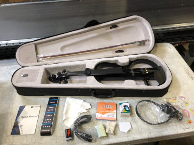 Photo 2 of Vangoa Electric Violin Full Size 4/4, Black Silent Electric Violin, Solid Wood Metallic Electric Fiddle with Ebony Fittings, Beginner Kit for Adults Teens
