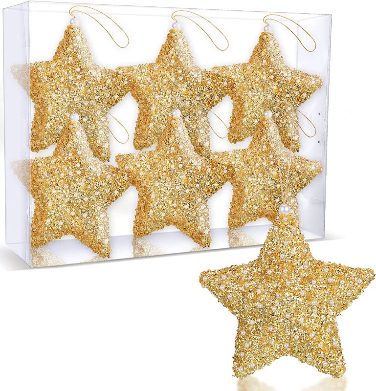 Photo 1 of 6pcs 6Inch Christmas Five-Pointed Star Ornament Glitter Star Decoration Suitable for Christmas Tree Hanging Decoration Wedding Party Festival Pentagram Ornament Gift (Gold)
