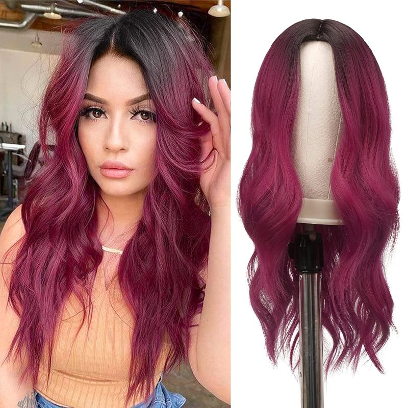 Photo 1 of FESHFEN Long Wavy Wine Red Wigs for Women 22 inch Black to Burgundy Wavy Full Wig Middle Parting Wigs Natural Looking Synthetic Wig for Daily Party
