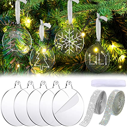 Photo 1 of 27 Pcs Clear Blank Christmas Ornaments Acrylic Round Ornaments for Christmas Tree Disc Circle Unfinished Hanging Ornament with Rhinestone Sticker Chiffon White Ribbon (Silver, Mixed Color)