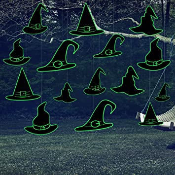Photo 1 of Yerliker 15pcs Halloween Glow in The Dark Hanging Witch Hat Decorations Outdoor Yard Sign Hanging Witch Hat Ornaments for Halloween Indoor Tree Yard Porch Decor Supplies (Witch Hat), green, black