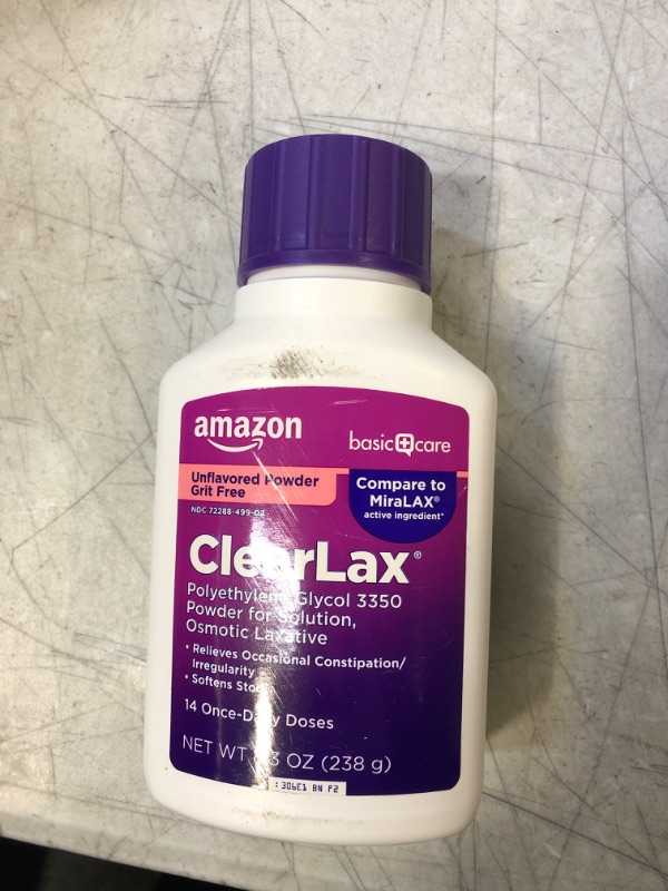 Photo 2 of Amazon Basic Care ClearLax, Polyethylene Glycol 3350 Powder for Solution, Osmotic Laxative, 8.3 Ounces
EXP 06/23