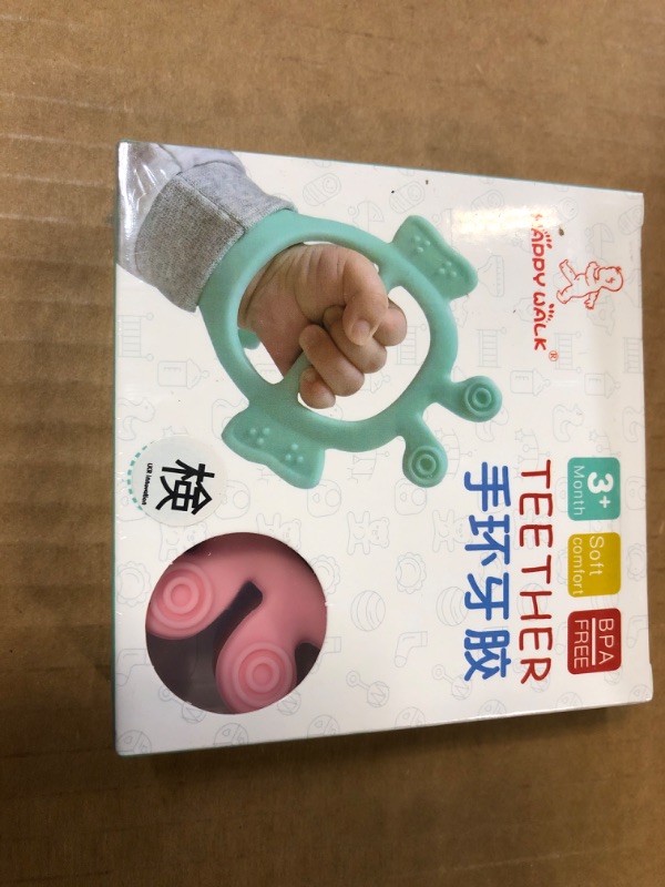 Photo 2 of Adjustable Baby Wrist Teethers for Babies Never Drop Silicone Baby Teething Toys for 0 6 12 Months Infants Toddlers Baby Chew Toys for Sucking Needs (Bee-Pink+Brown+Blue)