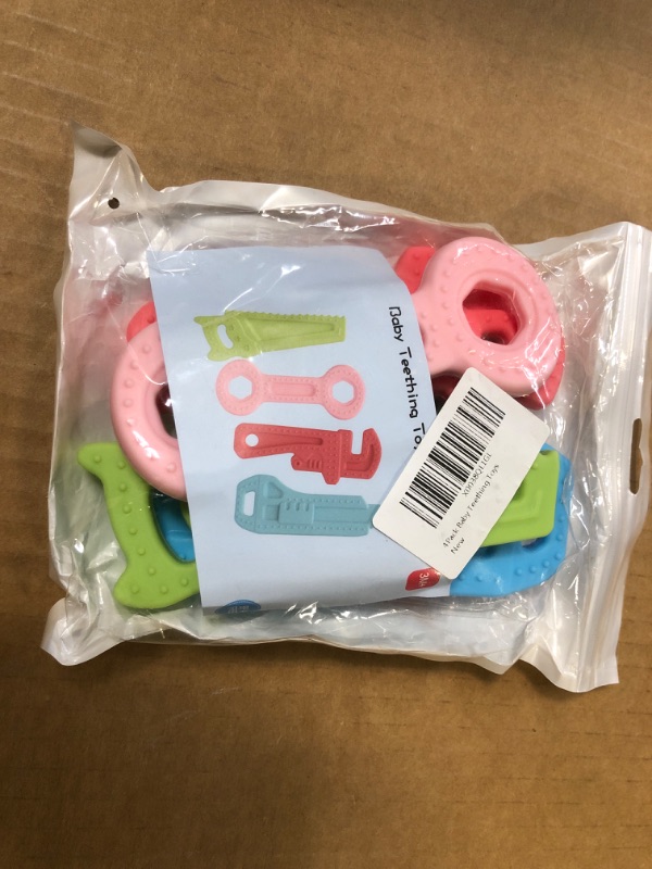 Photo 2 of 4Pack Teething Toys for Babies 0-6 Months with Lanyard, Baby Infant Teething Toys for Molars 6-12 Months, Freezer Safe Soft Silicone Baby Molar Teether Chew Toys Wrench Pliers Shape