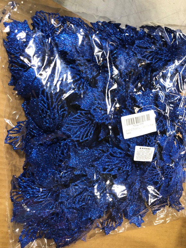 Photo 2 of 24 Pcs Christmas Blue Glittered Mesh Holly Leaf Artificial Poinsettia Flowers Picks Tree Ornaments 5.9" W for Blue Christmas Tree Wreath Garland Floral Gift Wedding Holiday Winter Decoration