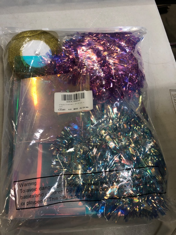 Photo 2 of 4 Packs Christmas Lighted Gift Boxes Holographic Tinsel Plastic Decorative Boxes with Cellophane Wrap Paper Glitter Ribbon and LED Light for Xmas Tree Indoor Outdoor Yard Decorations (8 Inch, 4 Inch)