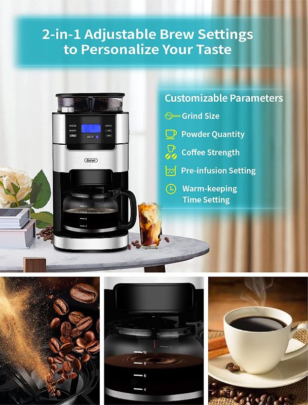 Photo 3 of 10-Cup Drip Coffee Maker, Grind and Brew Automatic Coffee Machine with Built-In Burr Coffee Grinder, Programmable Timer Mode and Keep Warm Plate, 1.5L Large Capacity Water Tank,900W, Black (Aluminum, 10 Cup)
