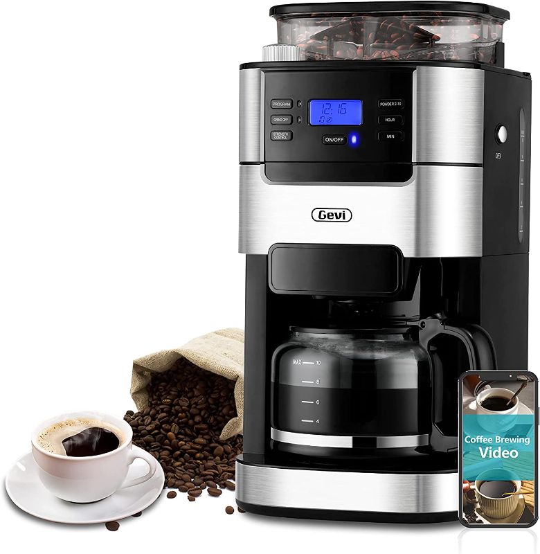 Photo 1 of 10-Cup Drip Coffee Maker, Grind and Brew Automatic Coffee Machine with Built-In Burr Coffee Grinder, Programmable Timer Mode and Keep Warm Plate, 1.5L Large Capacity Water Tank,900W, Black (Aluminum, 10 Cup)
