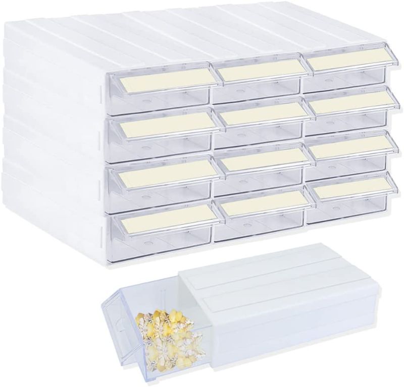 Photo 1 of 12 Drawer Stacking Storage Cabinet, Plastic Stacking Drawer with 24 Clear Dividers&12 Tag Cards Multi Compartment Organizer Storage Container for Jewelry, Craft DIY, Bead, Small Items