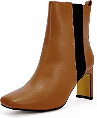 Photo 1 of Coutgo Women's Square Toe Ankle Boots Slip on Faux Leather Block Heeled Sock Boots - SIZE 9 1/2 -