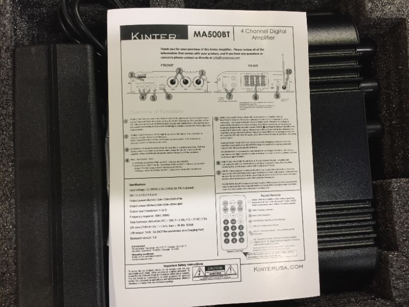 Photo 3 of Kinter MA500BT 120 Watt 4 Channel Stereo Class D Bluetooth FM USB SD Digital Hi-Fi Audio Mini Amplifier Home Auto DIY Stereo Amplifier with Remote and 20V 5A Power Supply Black