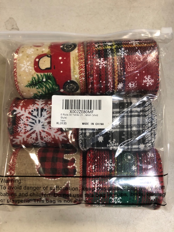 Photo 2 of 6 Rolls 30 Yards Christmas Wired Edge Ribbon Buffalo Plaid Fabric Ribbon Christmas Snowflake Plaid Ribbon Check Wrapping Ribbon for Christmas Tree Wreath Craft Decoration (Vivid Style)