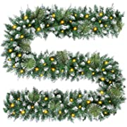 Photo 1 of 9FT Christmas Garland with 100 Lights & Timer - Prelit Garland Artificial Xmas Garland Indoor Outdoor, No Pine Garland without Red Berries for Christmas Holiday Decorations Wreath Mantle W