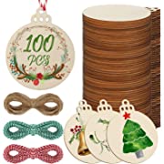 Photo 1 of 100 Pcs 4 Inch Christmas Round Wooden Discs with Holes Unfinished Predrilled Wooden Christmas Ornaments Blank Wood Slices with 195 ft Twine Wooden Circles for Crafts DIY Centerpieces Decora