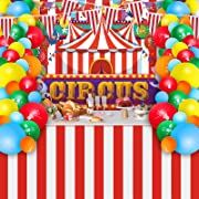 Photo 1 of Carnival Party Decorations 70.8 x 47.3 Inch Circus Carnival Backdrop Red White Striped Pennant Banner Carnival Bunting Banner Table Skirts Circus Balloon for Kid Baby Shower Birthday Holiday C