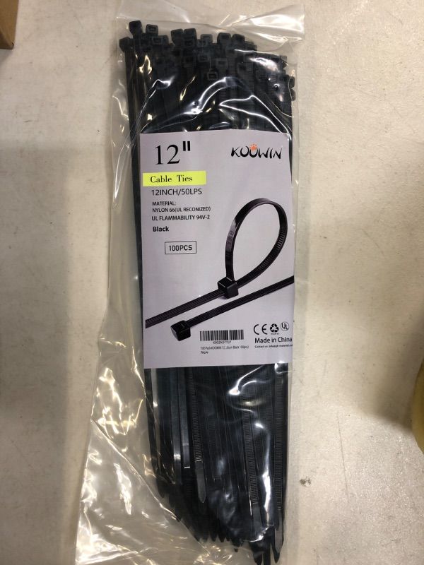 Photo 2 of 100 Pack KOOWIN 12 inch 50 Lbs Tensile Strength Self-Locking Eco-Friendly Nylon Plastic Cable Zip Ties Heavy Duty Black Wire Tie Wraps for Home, Office, Garden, Garage, Workshop (Medium,